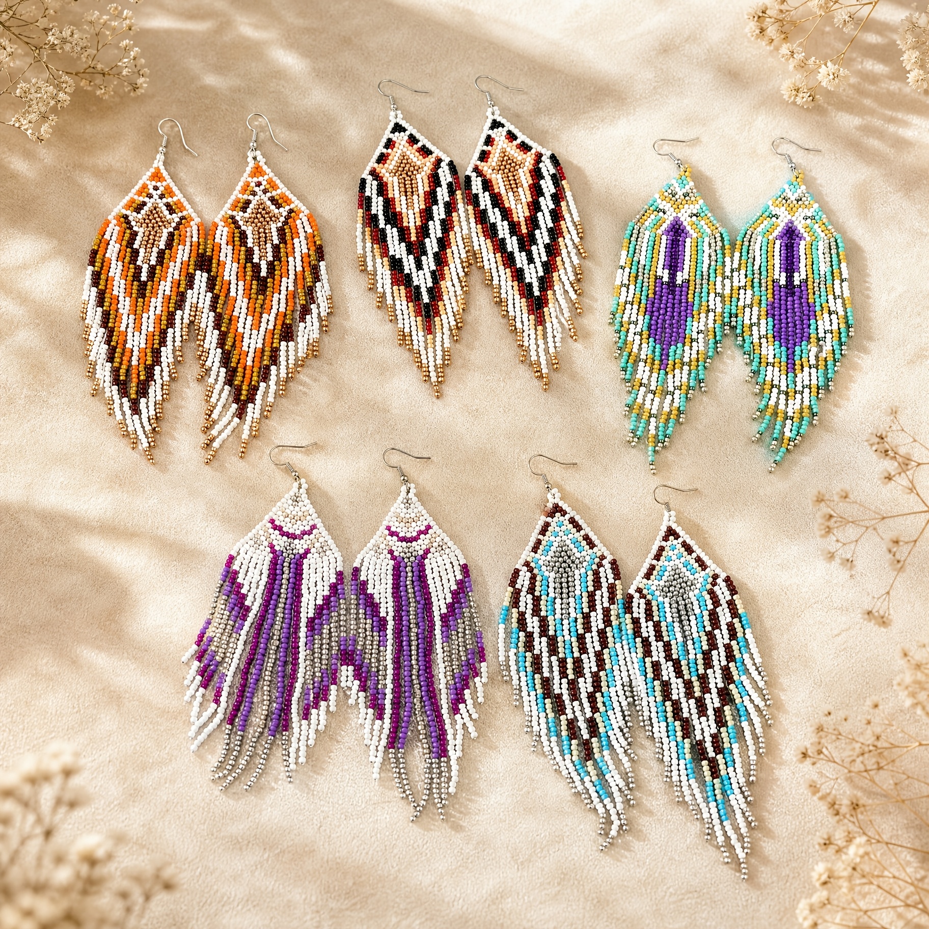 Boho Vintage Style Geometric Beaded Fringe Earrings